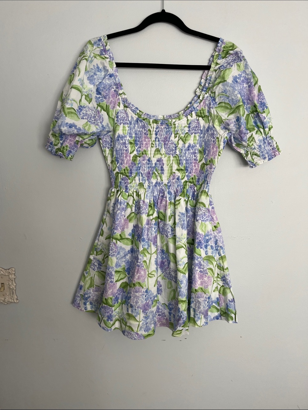 Hill House White Lavender Floral Smocked Mini Dress
